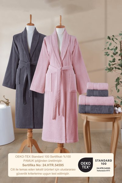 Ellaline 6 Piece Bathrobe Set 100% Cotton Certified, Family Bathrobe Set |   Dowry |   Pink - Anthracite