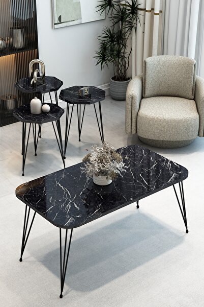 BARIN DESIGN 3'Lü Sekizgen Zigon Sehpa ve Dikdörtgen Orta Sehpa Takımı Modern...
