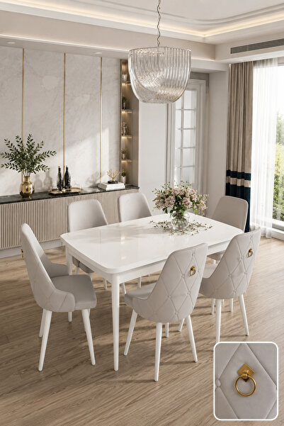 DEREN HOME Fier Serisi Mutfak ve Salon Yemek Masası Takımı + 6 Adet Açık gri ...
