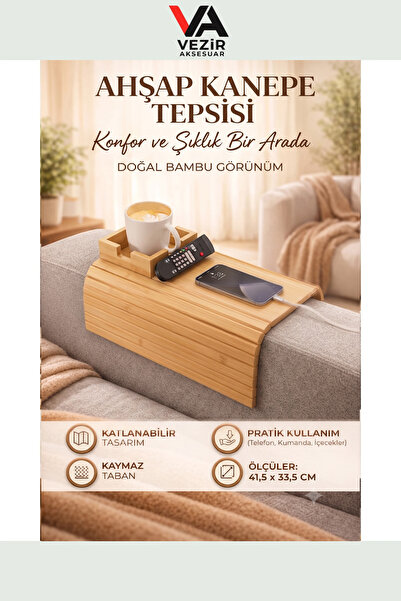 BUFFER®PX Bambu Görünümlü Katlanabilir Kanepe Kolçak Tepsisi | Pratik & Şık T...