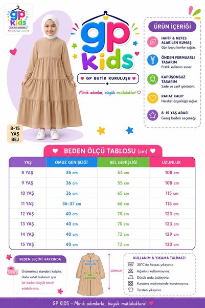 GP KİDS 3 Kat Büzgülü Çocuk Feracesi – Rahat Kesim Tesettür Çocuk Elbise ZÜMRÜT YEŞİLİ