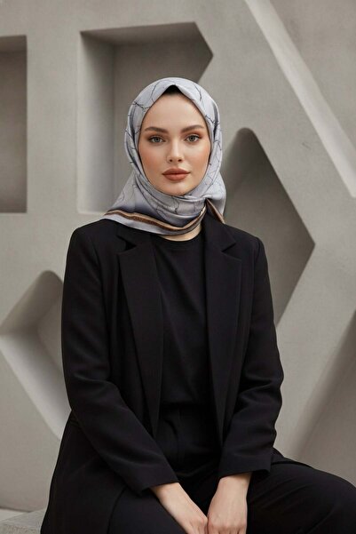 Vissona Eșarfă 100% din mătase twill cu model de marmură, culoare argintie, 9...