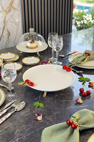 MAY HOME Kiraz Kulplu Taban Ayak Porselen Sunum Tabağı