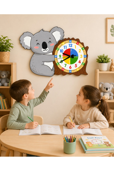 karbonsoft Montessori Eğitici Koala Temalı Çocuk Duvar Saati | Renkli Ahşap S...