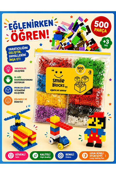 p parti oyunevi Smile Blocks 500 Parça Fermuar Poşetli Mikro Blok Eğitici Oyu...
