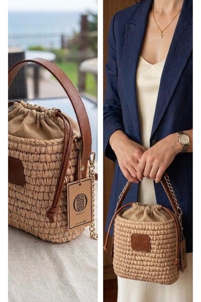 Atelier Oza Handmade Straw Bag Women's Shoulder and Crossbody Handmade Bucket Bag Beige