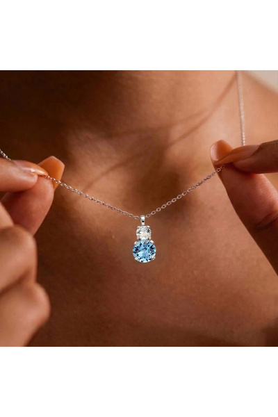 SERYN Aquamarine Işıltısı Çift Taşlı Gümüş Kolye