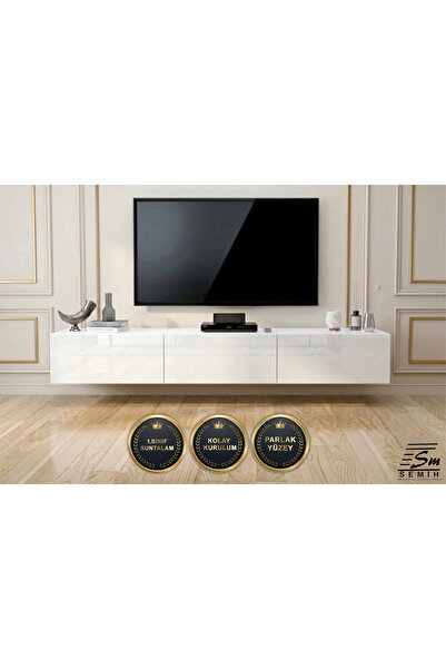 SEMİH MOBİLYA 200 Cm Parlak Beyaz TV Ünitesi | Duvara Monte Şık Salon Tasarımı