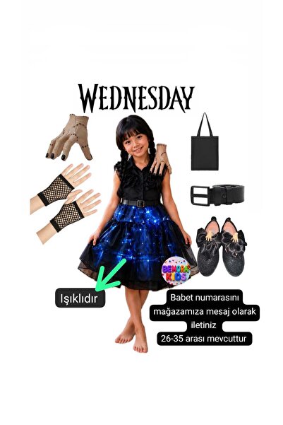 3b kids kız çocuk cadılar bayramı ışıklı wednesday kostüm elbise+ babet + çan...