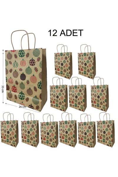 partidolu Saplı Kraft Yılbaşı Hediye Çantası Poşeti 26x33 cm 12 Adet Cici Toplu
