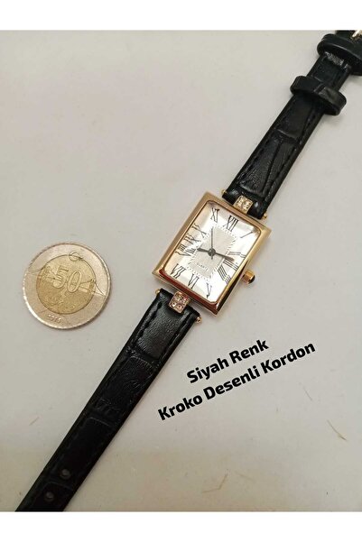 Brality Retro Dikdörtgen Siyah Kordon Kadın Kol Saati BİLEKLİKLİ HEDİYELİ Gol...