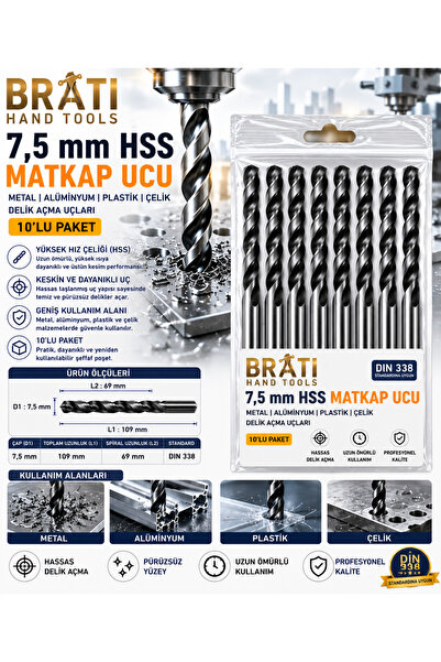 BRATİ HAND TOOLS 7,5 Mm Hss Matkap Ucu 10'luk Paket Metal Alüminyum Ahşap Pla...