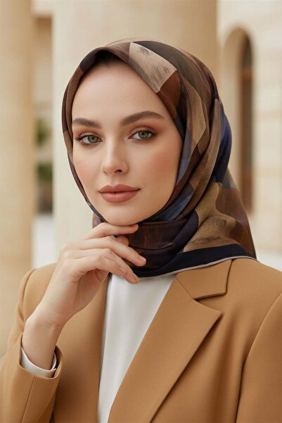 Vissona % 57 İPEK % 43 VİSKON Twill İpek Geometrik Desenli Kiremit - İndigo R...