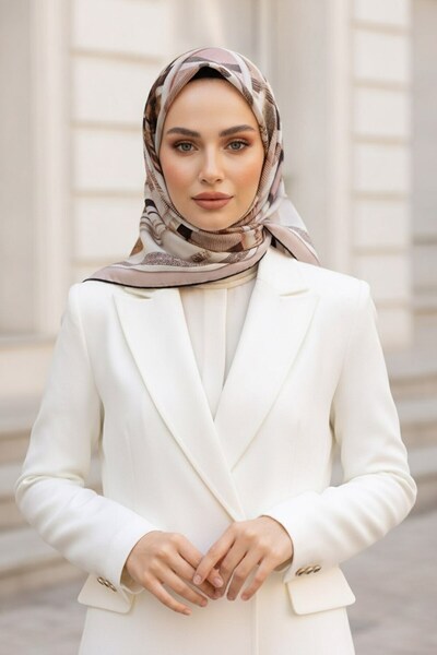 Vissona %100 Twill İpek Ekose Desenli Pudra - Gri Renkli 90x90 Eşarp Dikim Şe...