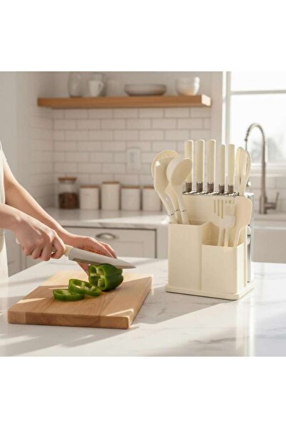 PAN HOME Teagan 14-piece Knife Block Set With Kitchen Utensils- Cream & Chrome