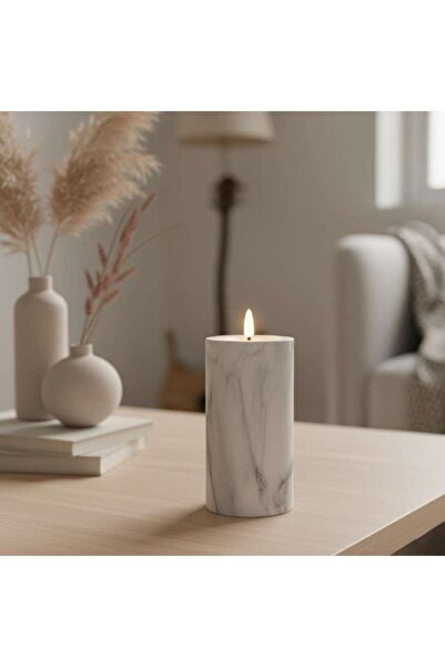 PAN HOME Marbella Led Marbled Pillar Candle Dia5x10cm - White