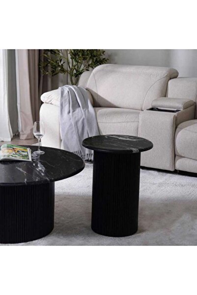 PAN HOME طاولة جانبية من بوفيرا رخام أسود وخشب أسود