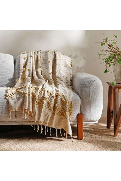 PAN HOME Leah Stripe Woven Throw With Fringes-130x170- Ochre