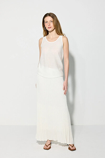 Gusto Sequin Detailed Pleated Lined Knitwear Skirt - White