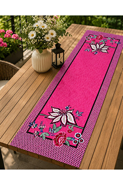 Karam Home Pembe Çiçek Desenli 140x50 cm Dekoratif Runner