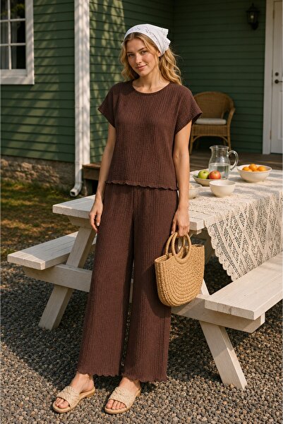 rindahomewear Costum de pijama din țesătură Bürümcük, maro, cu mâneci scurte
