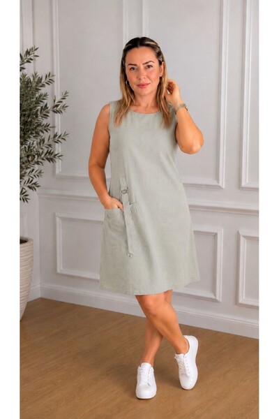 SİBELİZE Women's Pocketed Sleeveless Accessory Detailed Washed Denim Dress Kn...