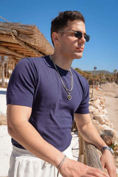 no7man Briss Navy Blue Crew Neck 100% Cotton Knitwear Men's Tshirt