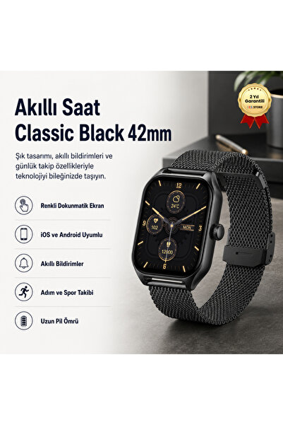 HZL Akıllı Saat Classic Black 42mm - Çoklu Fonksiyonlu Kare Tasarım