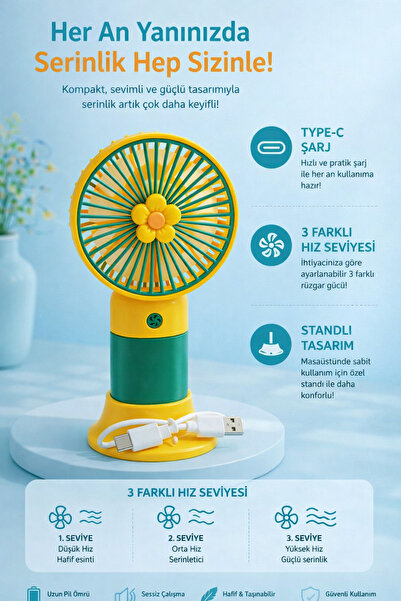 JASPER Papatya Figürlü Sarı Taşınabilir Standlı Serinletici Fan 3 Hız Ayarlı ...