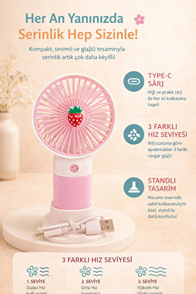 fitfiyat Mini Taşınabilir Çilek Figürlü Sessiz El Fanı 3 Hız Ayarl Mini El Pe...
