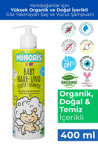 Minoris Baby Organik Saç ve Vücut Şampuanı Sülfat ve Parfüm içermez Vegan 400ml