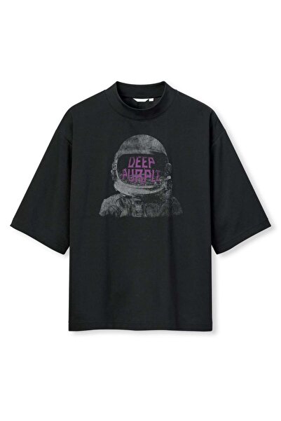 buzagi tasarım ürünleri Deep Purple Digital Print Oversize Black Unisex T-Shirt