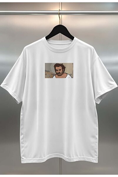 buzagi Awakening Digital Print Oversize White Unisex T-Shirt