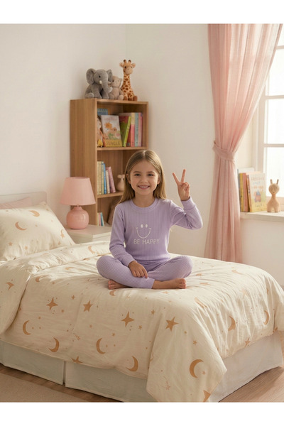 Minidamla Smiling Face Printed Pajama Set for 1-7 Years Old - Lilac