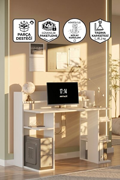 Yurupa Pantego 124cm Çalışma Masası Bilgisayar Masası Raflı Beyaz PAN1-W