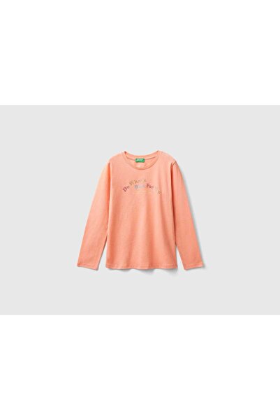 United Colors of Benetton تي شيرت بناتي بأكمام طويلة ورقبة دائرية وطبعة