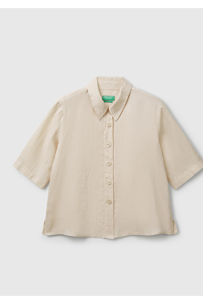 United Colors of Benetton Women's Stone 100% Linen Half Sleeve Plain Shirt
