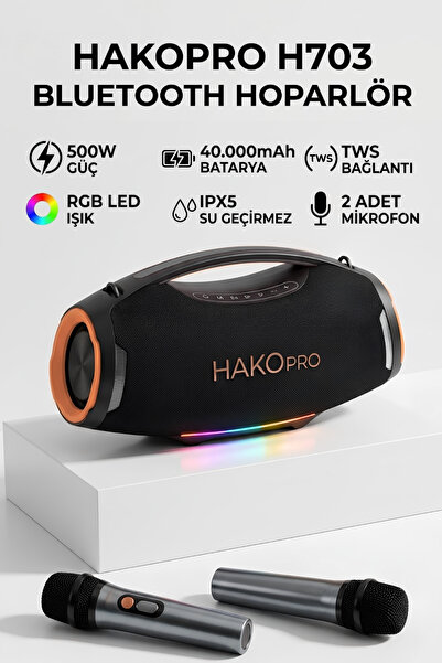 hakopro 500W Ekstra Bass 40000 mAh Mikrofonlu Hoparlör ıpx5 H703