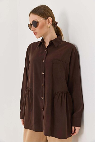 Raneel Kazançlı Alışveriş Brown oversized ruffle hem button-down soft-touch t...