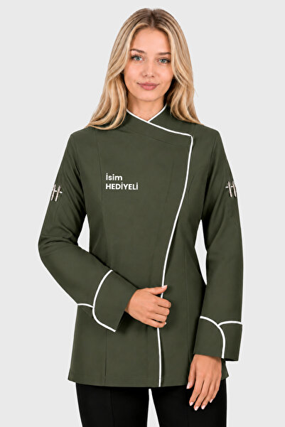 Üniformanya Jachetă de bucătar verde kaki pentru femei, cu nume personalizat,...