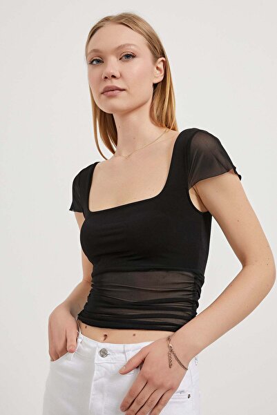 Arma Life Armalife 1416 Transparent Tulle Detail Short Sleeve Women's Bluz