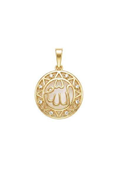 Zeino Allah Yazılı Zirkon Taşlı Kolye Ucu - 14k Altın Kaplama - 18 x 26 mm