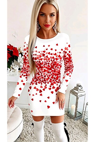 KirLiNova Heart Patterned Long Sleeve Women's Dress White