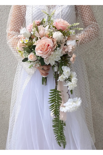 DUGİNA Soft Pembe Şelale Gelin Buketi Gül Sarmaşık Kır Çiçeği Nişan Damat Yak...
