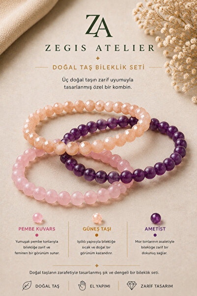 Zegisatelier 8 mm Güneş Taşı Pembe Kuvars ve Ametist Doğal Taş Bileklik