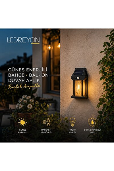 LEDREYON Güneş Enerjili Solar Duvar Aplik Sensörlü Led Bahçe Balkon Teras Ayd...