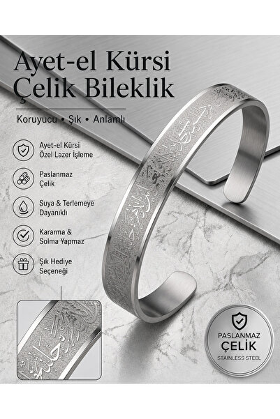 Güney Takı Store Ayetel Kürsi Çelik Kelepçe Bileklik Gümüş Renk