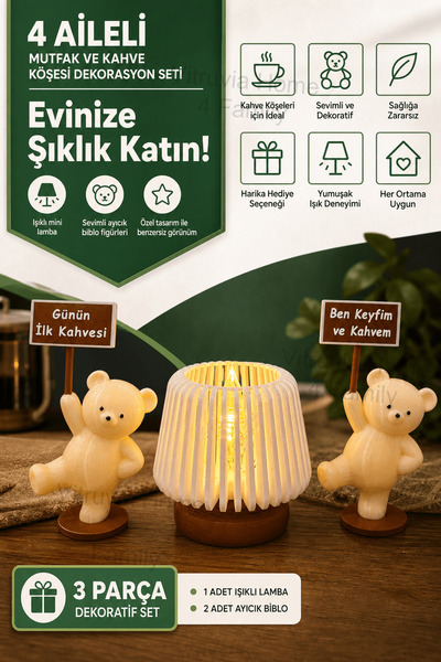 4 Family Mutfak ve Kahve Köşesi Dekorasyon Seti - Işıklı Mini Lamba ve Mottol...