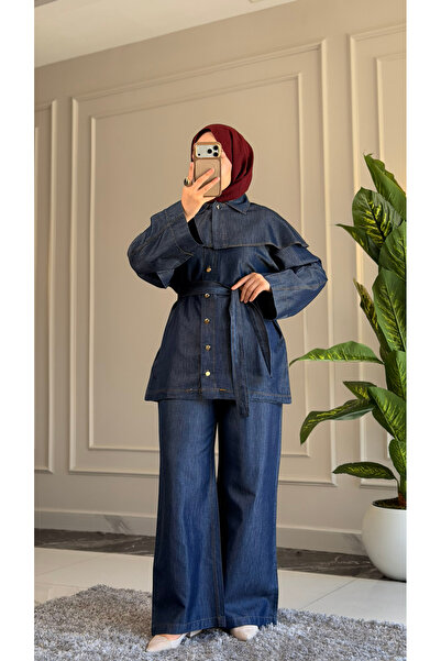Suede Style 6456 - طقم تونيك نسائي أنيق ومريح من قماش الدنيم الناعم مع ربطة خصر