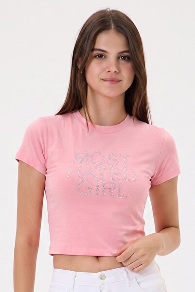 3 ROPE Most Hated Girl Μπλουζάκι Baby Tee με στάμπα πέτρας και κοντό μήκος
